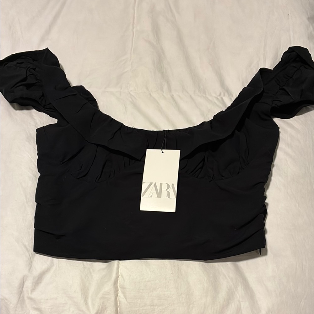 Zara Black Fitted Ruffled Cap Sleeve Crop Top